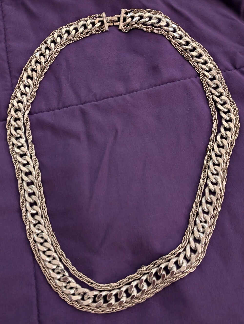 Vintage Crown Trifari Silver 3 Strand Long Curb Rope Chain Necklace 27.5” MCM